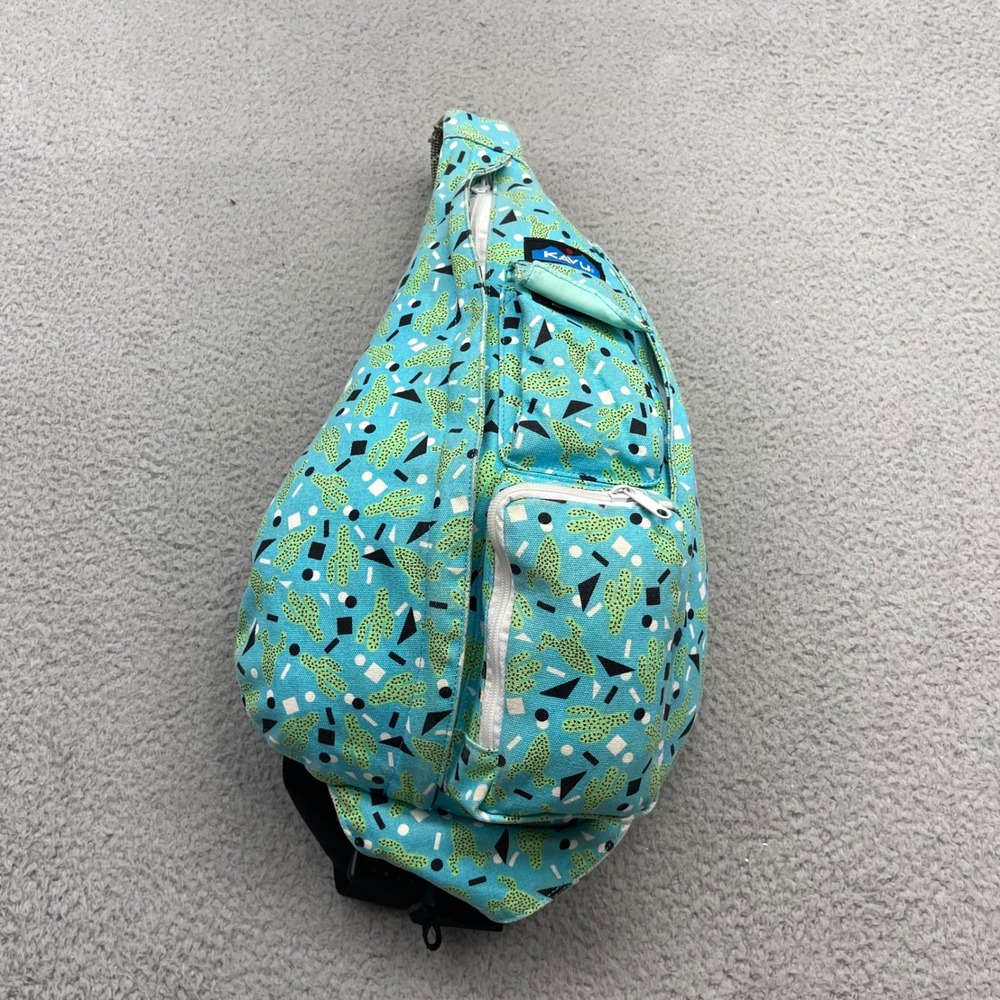 KAVU Rope Bag Crossbody Blue Cactus Geometric Print Canvas Sling Travel Backpack